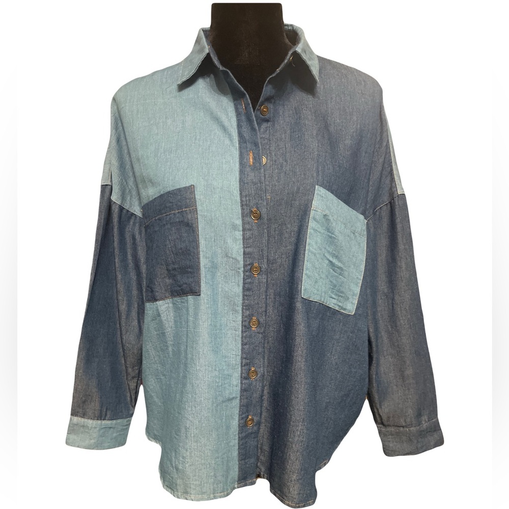 Love Culture Two Tone Denim Button Down Shirt Size Small Very Oversized